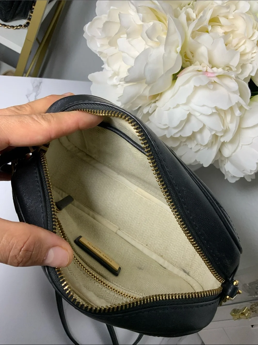 Tory Burch Black Quilted Leather Camera Crossbody with Gold Hardware